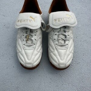 FENTY by Puma White Leather Lace-Up Sneakers with Gold Accents